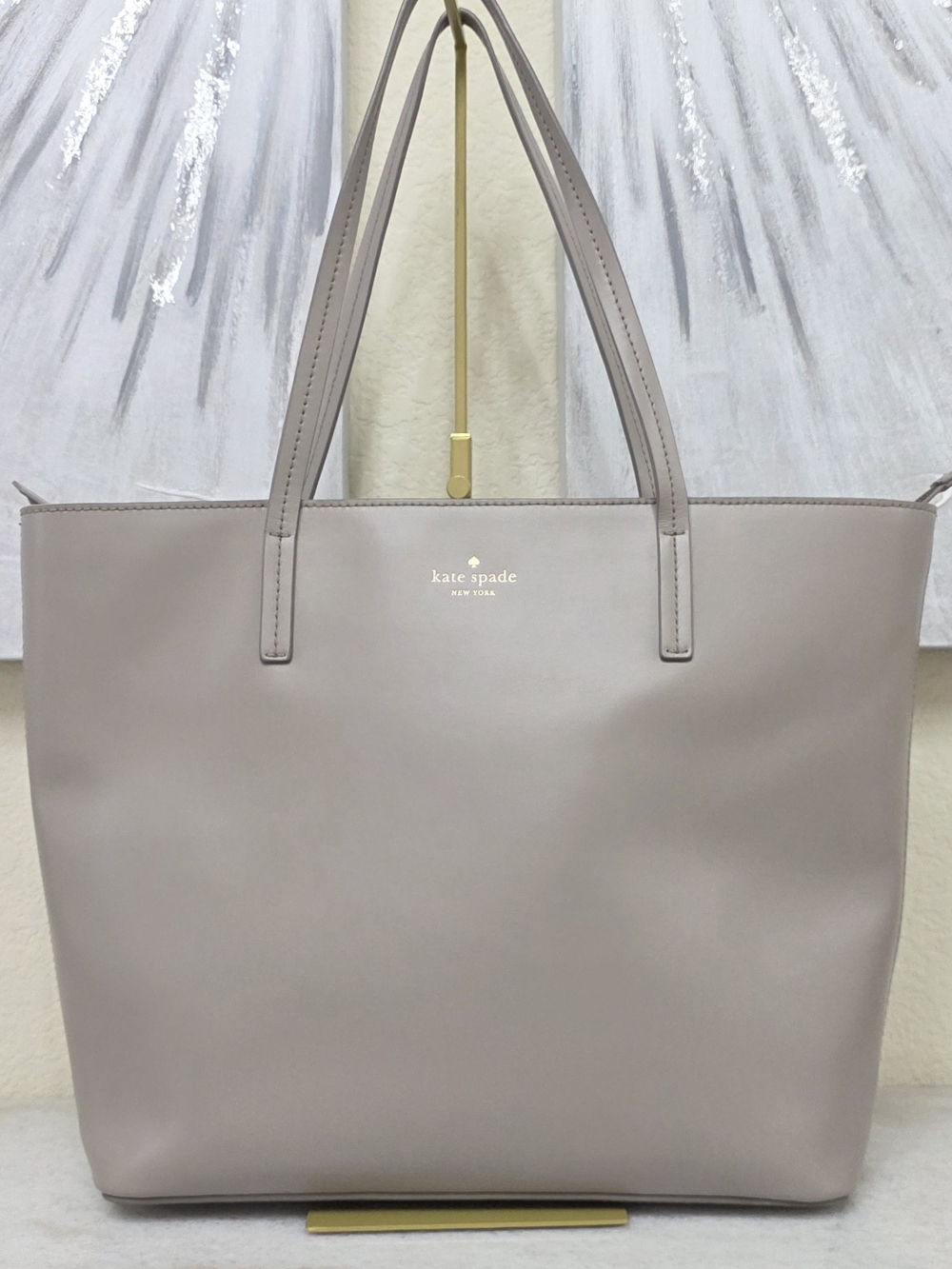 Kate Spade New York Gray Taupe Leather Tote Bag Logo Jacquard Lining